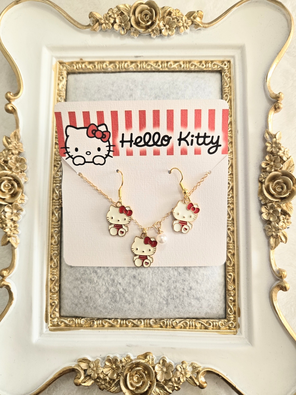 Hello Kitty Gold Tone Necklace and Earrings Set Charm Jewelry
